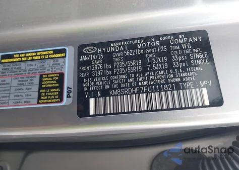 2015 Hyundai Santa Fe Limited z USA, uszkodzony, nr VIN KM8SRDHF7FU111821